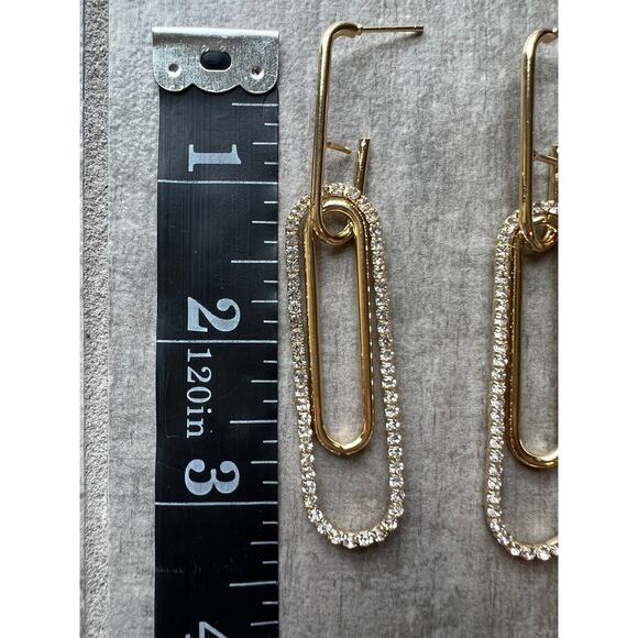 Los Angeles Boutique Dangle Long Rectangle Gold Earrings Rhinestone Crystal NEW - Picture 7 of 8
